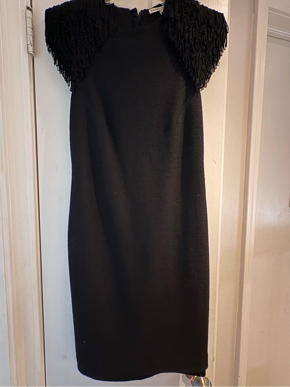 Anthropologie Black Midi Dress with Fringe Shoulder Detail